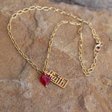 Gold-filled faith pendant necklace with red glass heart on 14k gold filled chain
