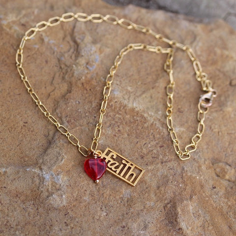 Gold-filled "faith" pendant necklace with red glass heart