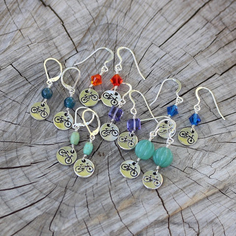Adventure series bike charm earrings with Swarovski crystals and natural stones
