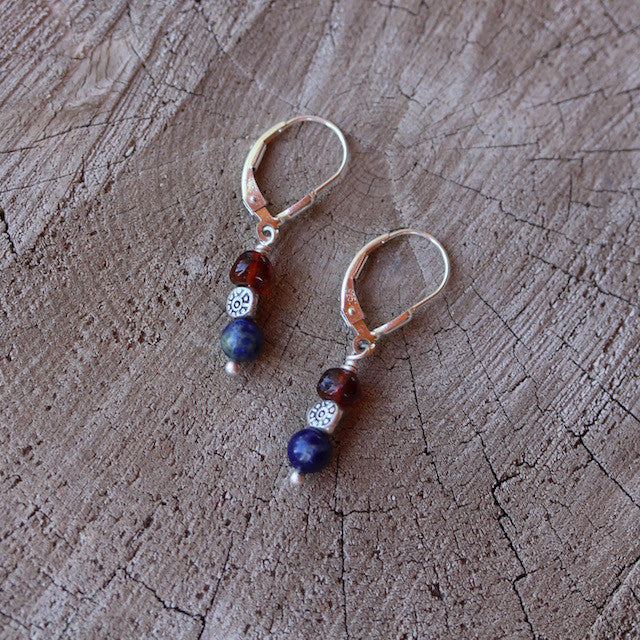 Lapis, amber and sterling earrings