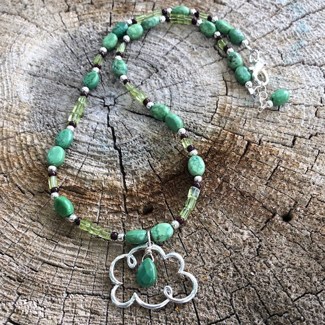 "Pray for rain" cloud pendant necklace with turquoise and peridot
