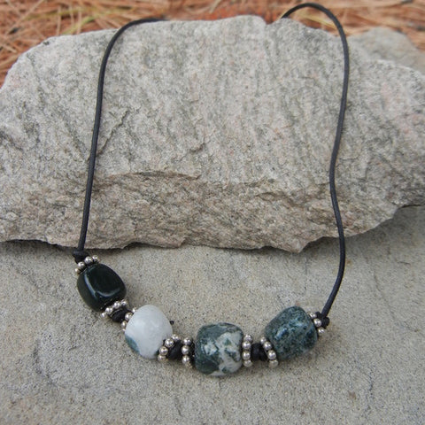 Men's cord necklace with moss agate nuggets