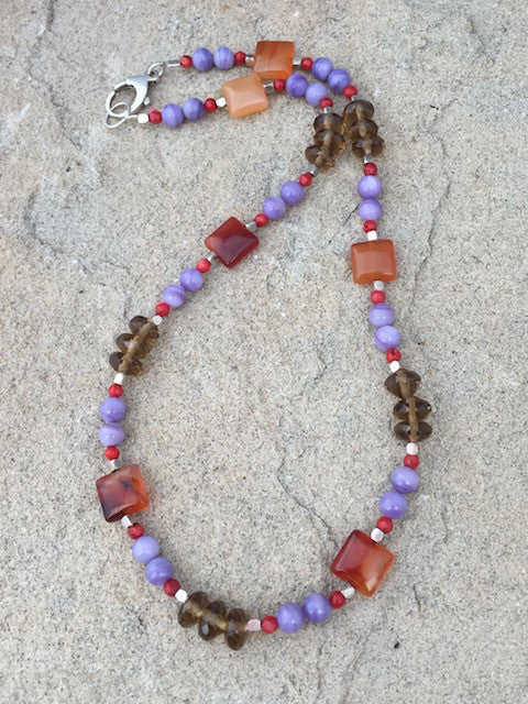 Colorful red agate, blue lace agate, smoky quartz, red coral and sterling necklace