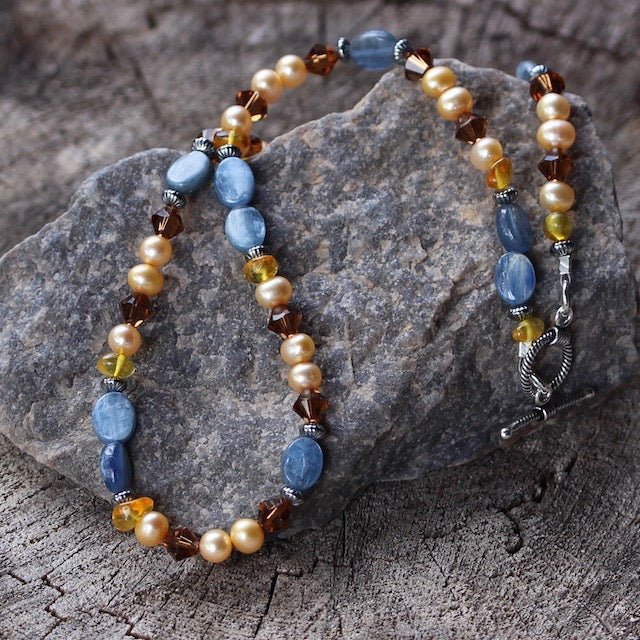 Kyanite necklace with gold tinted freshwater pearls crystals and amber