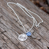 Pewter weight plate pendant with blue glass heart on sterling chain necklace