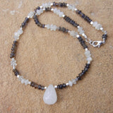 Quartz drop pendant with moonstone and iolite necklace