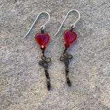 Red glass heart earrings with flower chain