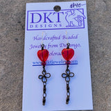 Red glass heart earrings with flower chain