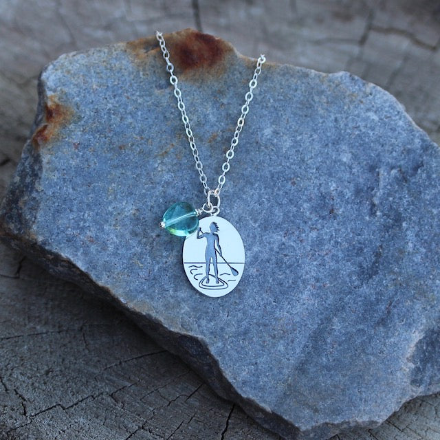 Sterling silver pendant with etched stand-up-paddleboard girl on sterling chain necklace