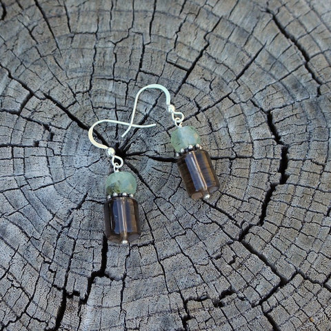 Sterling earrings with smoky quartz and prehnite