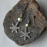 Snowflake charm earrings with Swarovski crystal cube beads.