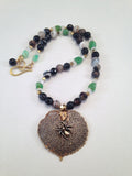Bronze leaf with spider pendant necklace with black agate, green aventurine, and moonstone