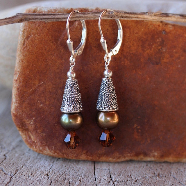 Sterling cone earrings with freshwater pearls and Swarovski crystals