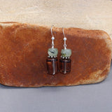 Earrings with smoky quartz cylinder beads and green prehnite round beads and sterling ear wires