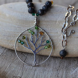 Sterling silver tree of life pendant necklace with Swarovski crystals and lava beads