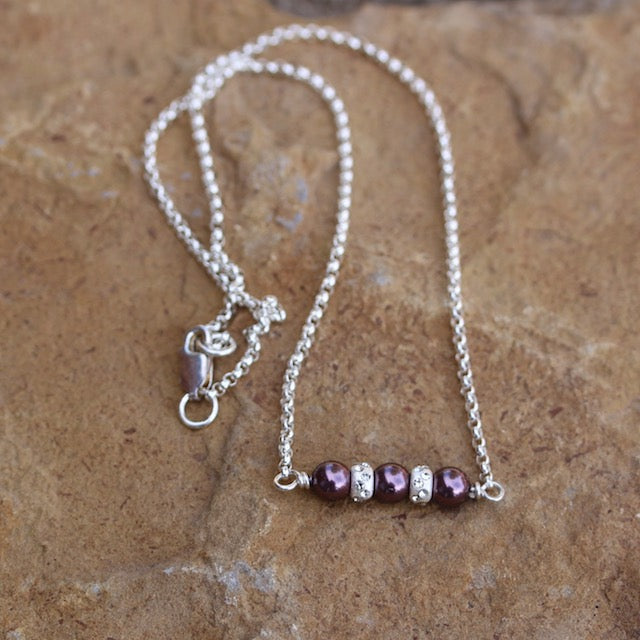 Sterling bar pendant with sparkly silver beads and Swarovski glass pearls on sterling silver chain