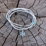 Snowflake charm stretch necklace or triple wrap bracelet with clear glass seed beads