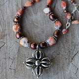 Tibetan silver cross pendant necklace with Mexican fire opal and freshwater pearls