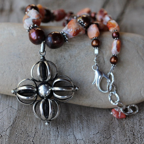 Tibetan silver cross pendant necklace with Mexican fire opal and freshwater pearls