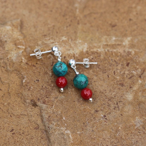 Sterling post earrings with faceted turquoise and red coral