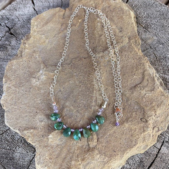 Turquoise drops with amethyst on sterling chain necklace