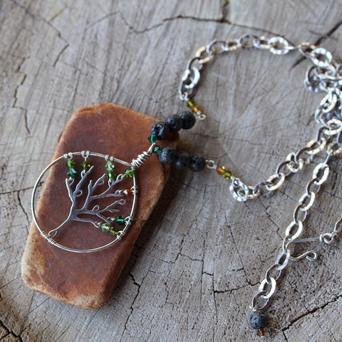 Sterling silver tree of life pendant necklace with Swarovski crystals and lava beads