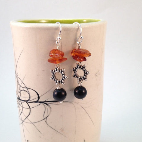 Black agate and amber with sterling silver star bead earrings