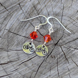 Bike charm earrings with orange Swarovski crystals and sterling ear wires