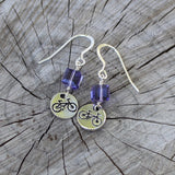 Bike charm earrings with purple Swarovski crystal cubes with sterling ear wires