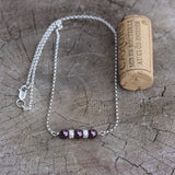Sterling bar pendant necklace with Swarovski pearls and sterling sparkle beads on sterling chain.  Cork for size reference