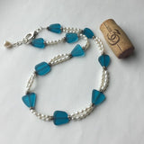 Recycled sea glass necklace with two strands of freshwater pearls