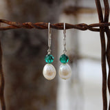 Freshwater pearl and green crystal earrings with sterling ear wires