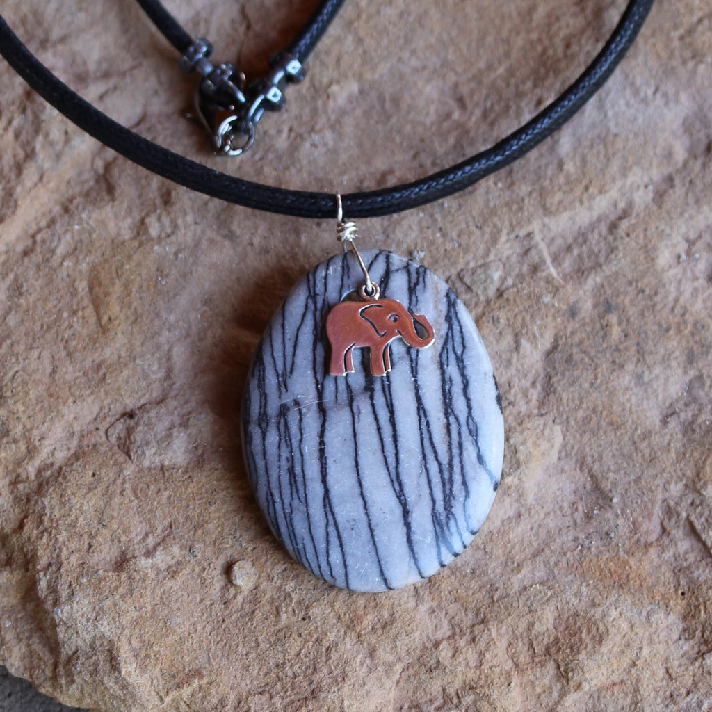 Black silk agate stone pendant necklace with sterling elephant charm