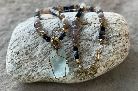 Sea glass pendant necklace with Botswana agate