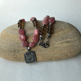 Sterling kitten in hat pendant necklace with pink rhodochrosite and smoky quartz.