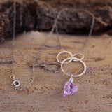 Sterling chain necklace with interlocking circles and purple Swarovski crystal heart pendant