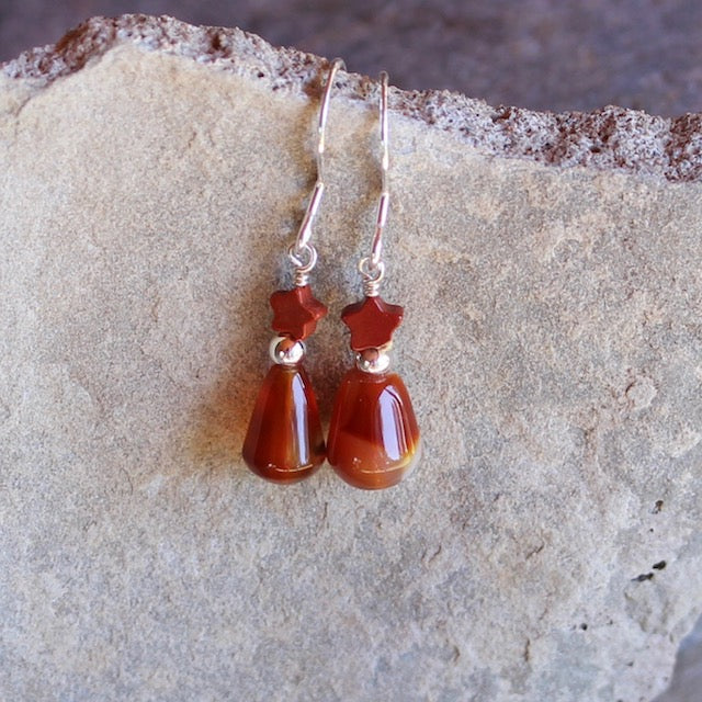 red agate drop earrings with a tiny red jasper star on sterling silver ear wires