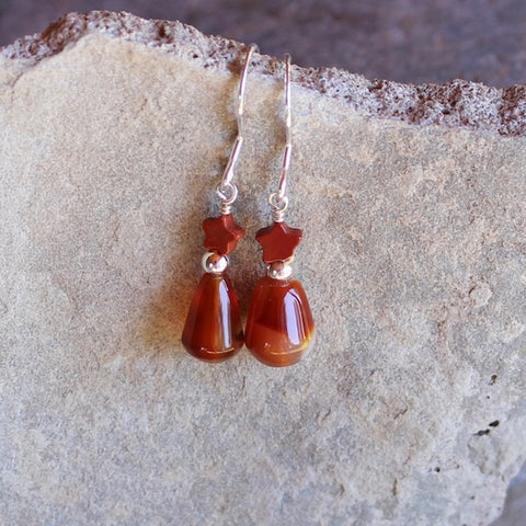 Red agate drop earrings with red jasper star beads