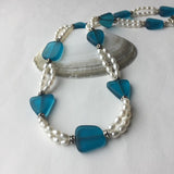 Recycled sea glass necklace with two strands of freshwater pearls