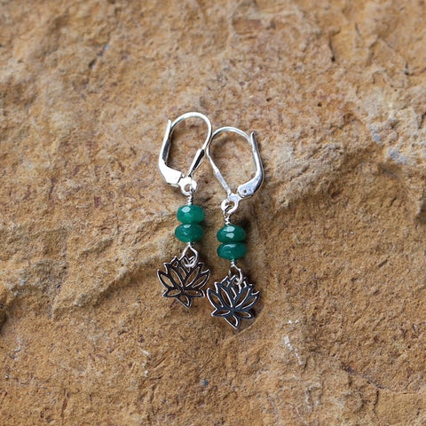 Sterling lotus charm earrings with emerald beads
