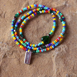 Colorful beaded stretch necklace or triple wrap bracelet with sterling explore charm and green Swarovski crystals