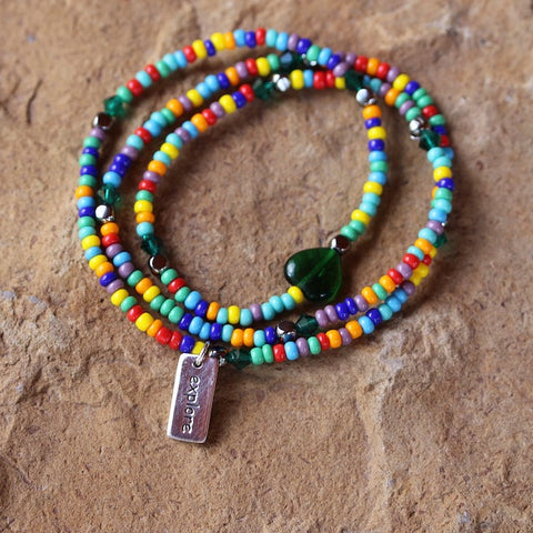 Adventure series colorful stretch necklace or triple wrap bracelet with sterling silver explore charm