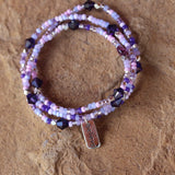 Purple beaded stretch necklace or triple wrap bracelet with sterling believe charm.