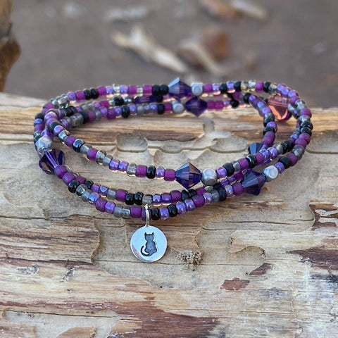 Stretch necklace or triple wrap bracelet in purple with sterling silver cat charm